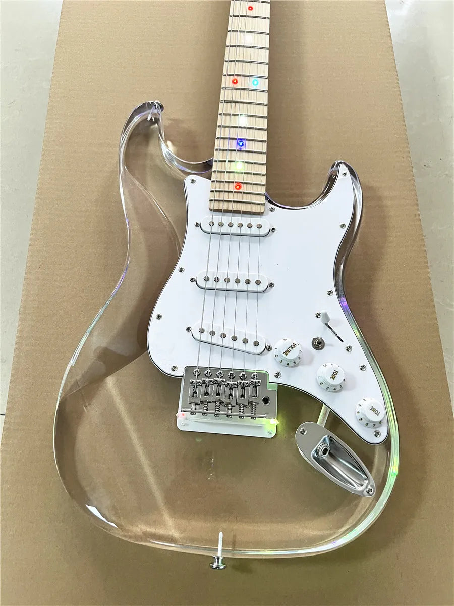 High quality classic acrylic clear Plexiglas crystal 6-string electric guitar with colored lights maple neck Free shipping
