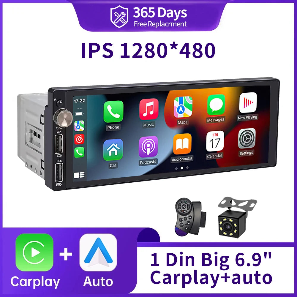 2025 IPS 6.9 Inch 1Din Carplay Android Auto Car Radio Multimedia Video MP5 Player 1 Din No DVD with Bluetooth Stereo USB