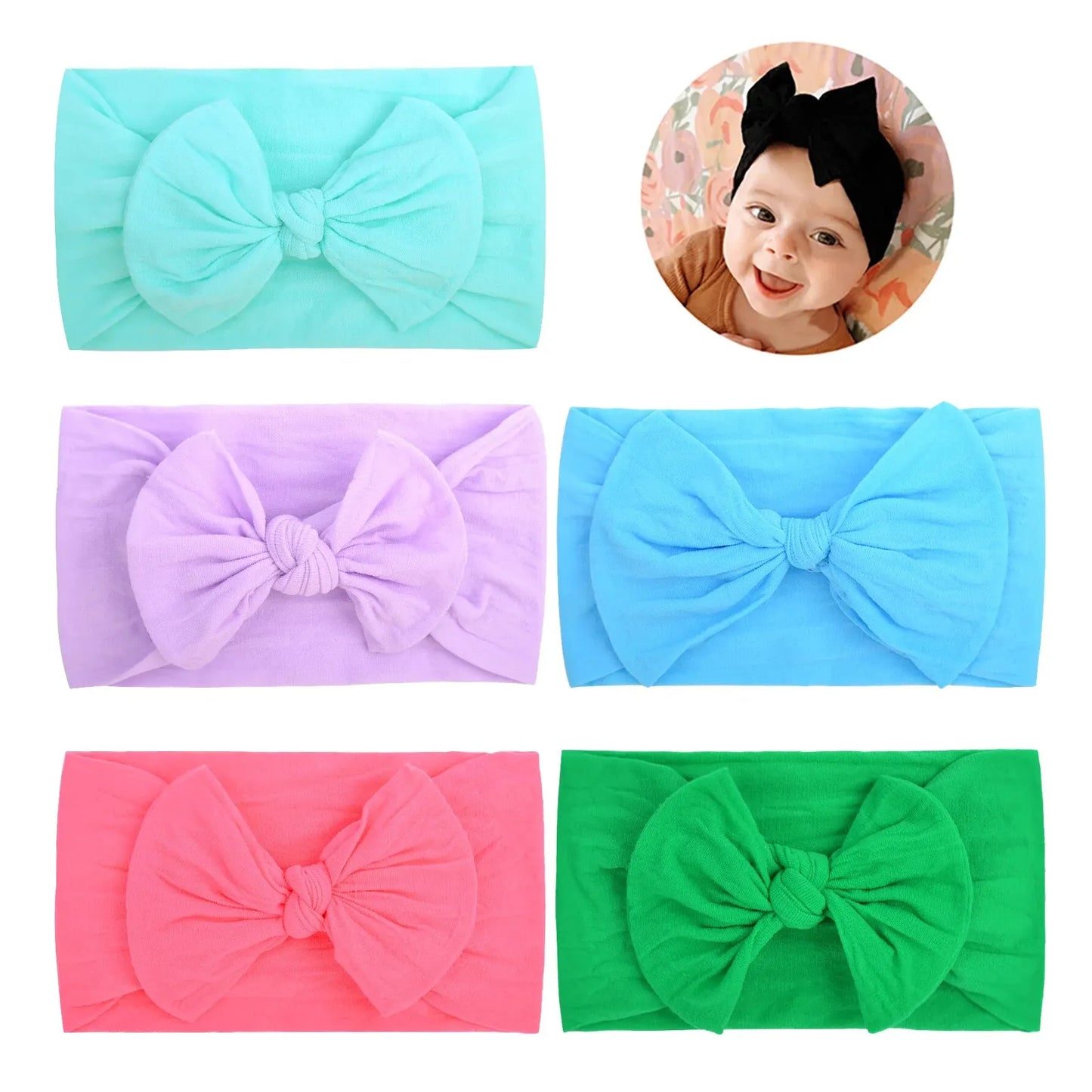 Set of 5 Comfortable Baby Nylon Bow Headbands Super Soft High Elastic Headband Hair Accessories