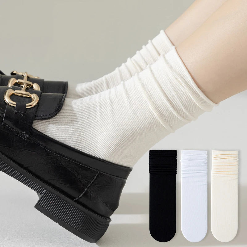 10 Pairs Thin Ice Silk Women's Long Tube Socks Summer Cool Mid Calf Socks Black and White Ice Ice Socks Pile Pile Ladies' Socks