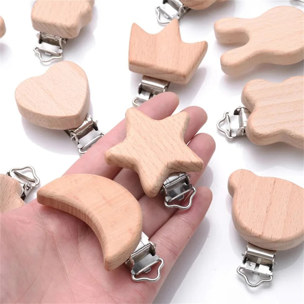 5pcs Woode Pacifier Baby Beech Wooden Animal Pacifier Metal Clips Holder Heart Pacifier Chain Teether Accessories