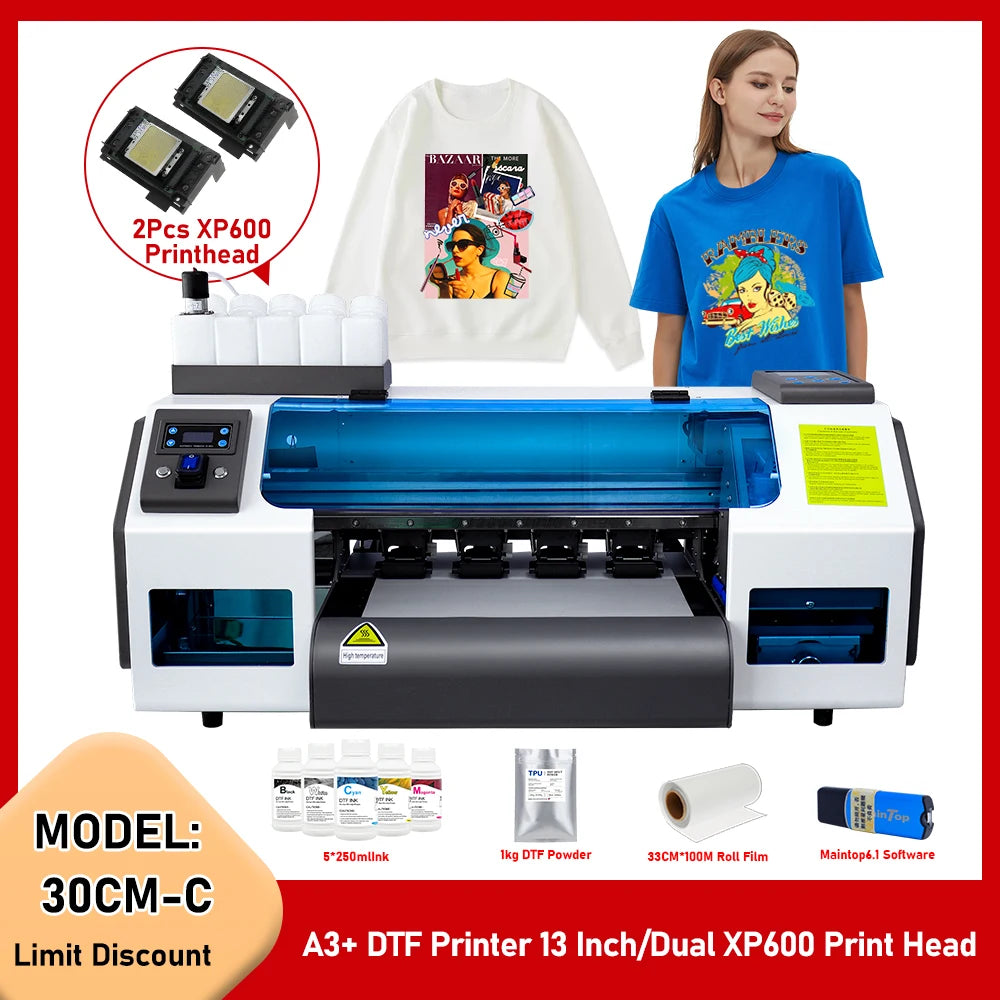 A3 DTF Printer Dual XP600 Printhead A3 Plus 13" DTF Printer Direct to Transfer Film DTF Printer for T-shirts Hoodies All Fabric