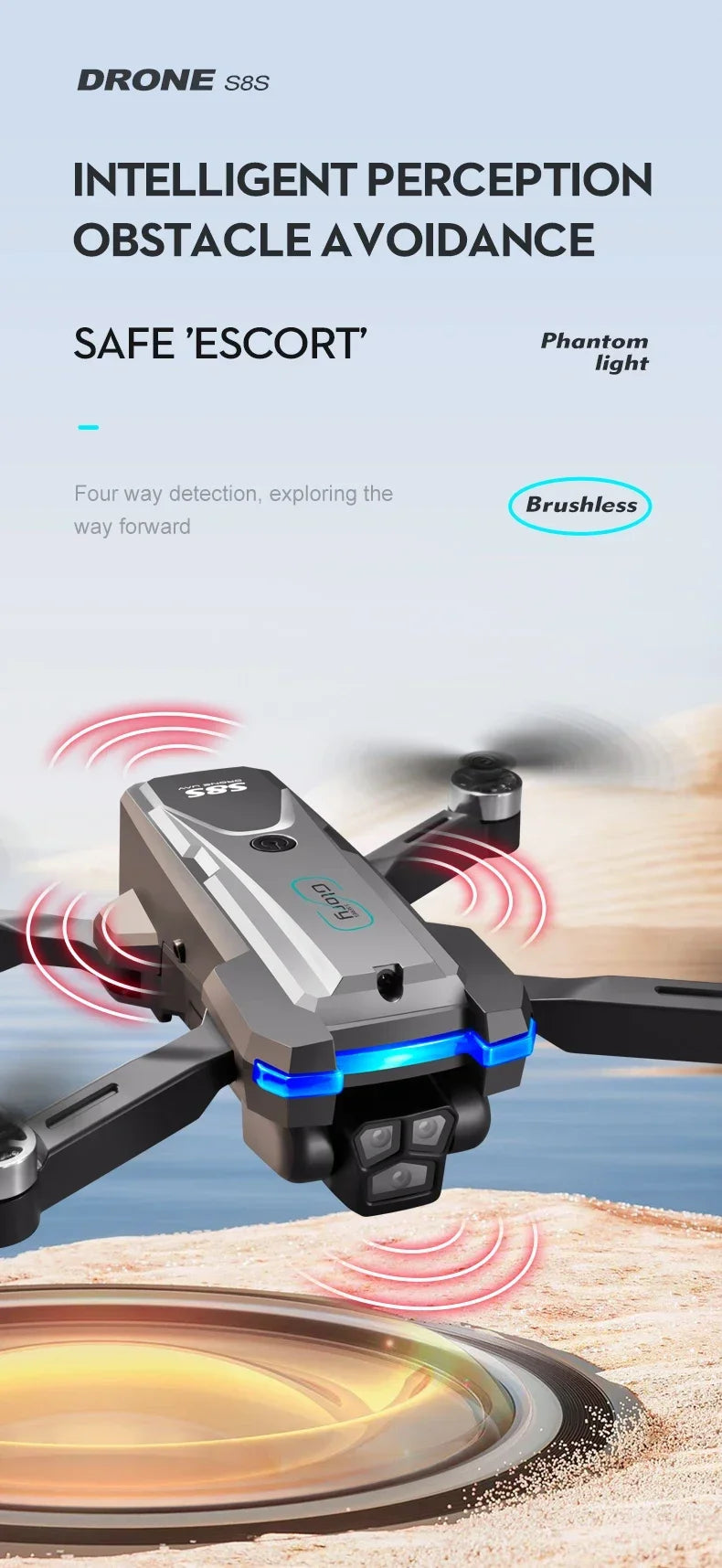 S8S RC Brushless Drone 4K Professional 8K Three ESC Camera Optical Flow Obstacle Avoidance Headless Mode Foldable Quadcopter Toy