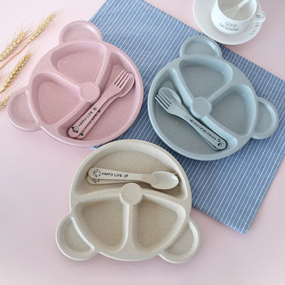 3pcs Wheat Straw Children's Compartment Dinner Plate Kindergarten Student Bear Tableware Set Children's Tableware Lunch Box