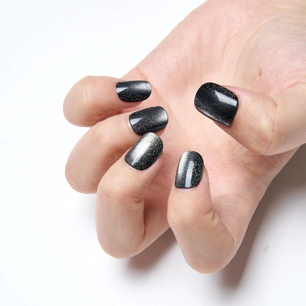 10Pcs Black Glitter Cat Eye Square Nails Set Press on Reusable Acrylic Fake Nails with Glue for Women/Girls Party Wear Nails Art
