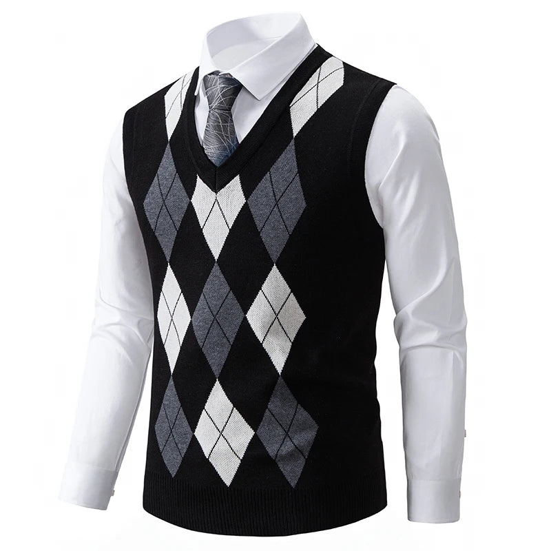 Mens Soft Sweater Vest Spring Autumn Sleeveless Knitted Pullover Husband Dad Fashion Knitted Vests Black Grey Plaid S-2XL