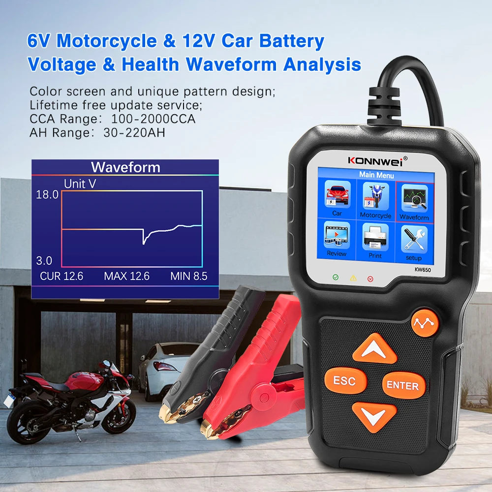 KONNWEI KW650 Car Motorcycle Battery Tester 6V 12V Auto Battery Analyzer 100 to 2000 CCA Car Moto Cranking Charging Test Tool