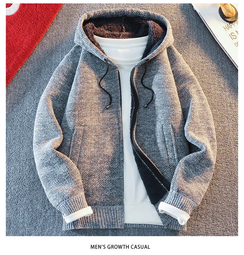 Men's Fleece Warm Knit Sweater Cardigan Hooded Jackets Fleece Warm Casual Jackets Autumn Winter Sweaters Coats