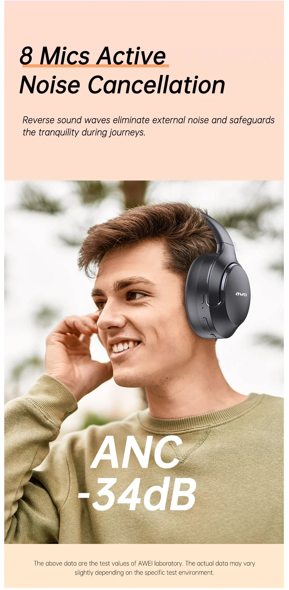 Awei AT2 ANC Wireless Headphones Over-Ear 30dB ANC Headphone Bluetooth 5.3 40mm Dynamic Driver Long Battery Life Earphones