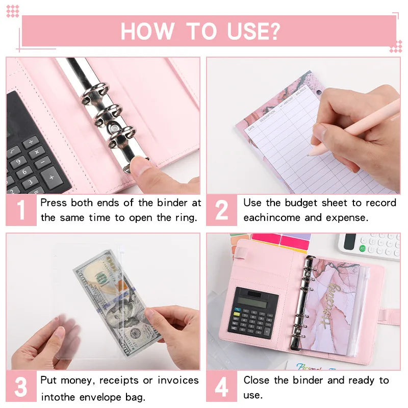 A6 Marble with Calculator Money Budget Planner Binder Zipper EnvelopesCash Envelopes For Budgeting Money Organizer Binde