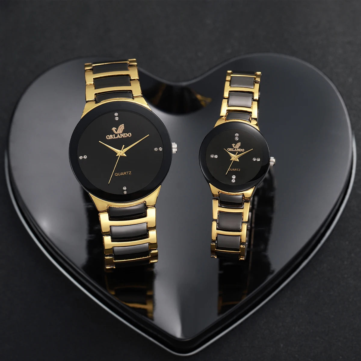 2PCS Couple's Watches Fashion Stainless Steel Band Men Women Analog Quartz Watches Set