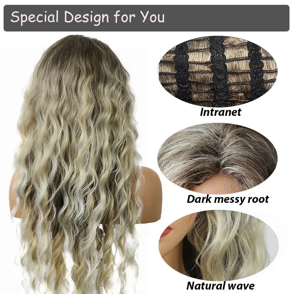 Long Wavy Hair Wig Soft Synthetic Curly Costume Wig with Ombre Fluffy Waves Free Part Hairline Natural Copper Tones Wig