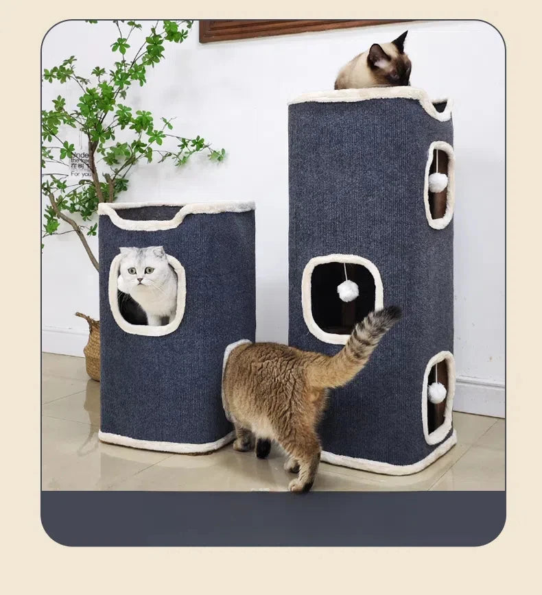 3-tiers Cat Bed Pet House Covered Cave with soft mat Large Hideaway Cat Tent with Fluffy Ball Hanging