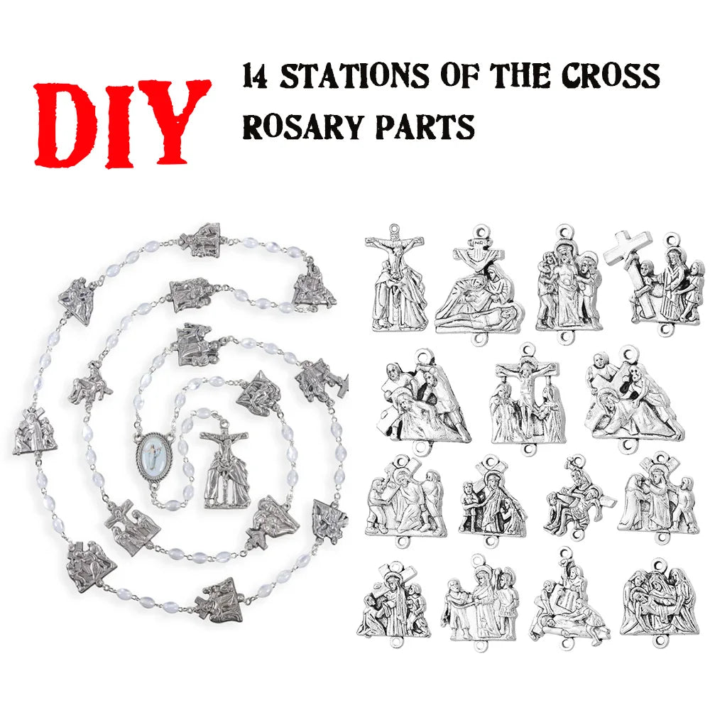 14 Stations of the Cross Rosary Connector Parts with Crucifixion Pendant 15Pcs Set DIY Chaplet Kits Handcraft Sacraments Gifts