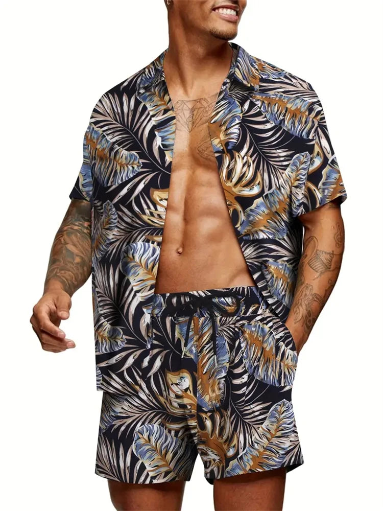 Men's New Hawaiian Short-Sleeved Shirt Shorts Set Summer Daily Travel Shirt Beach Casual Drawstring Shorts Jungle Print Set