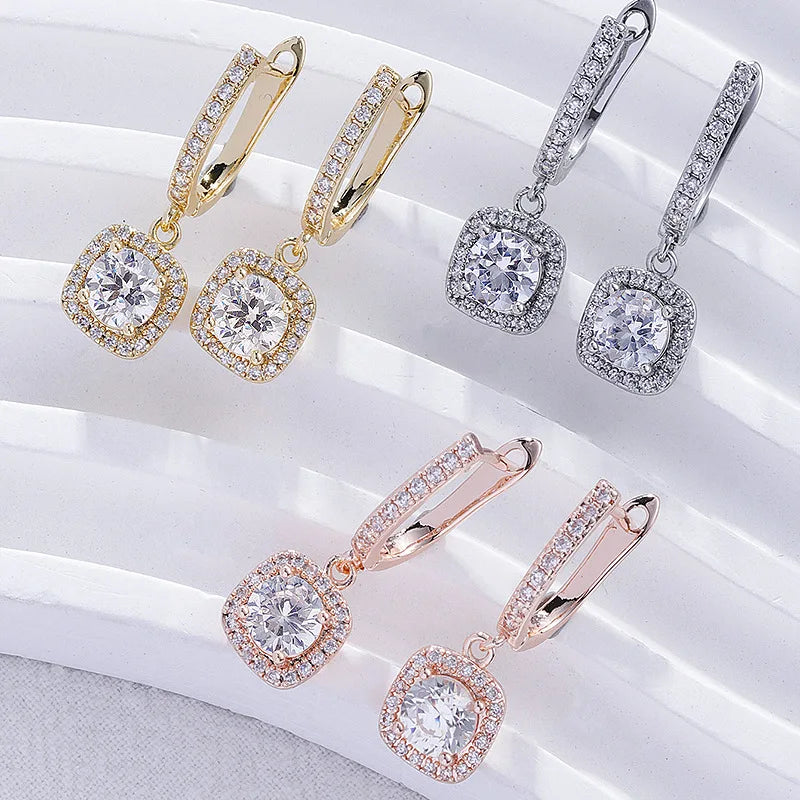 2024 Charm Zircon Square Pendant Earrings New Fashion Rose Gold Silver Color Bling Zircon Earrings Wedding Girl Luxury Earrings