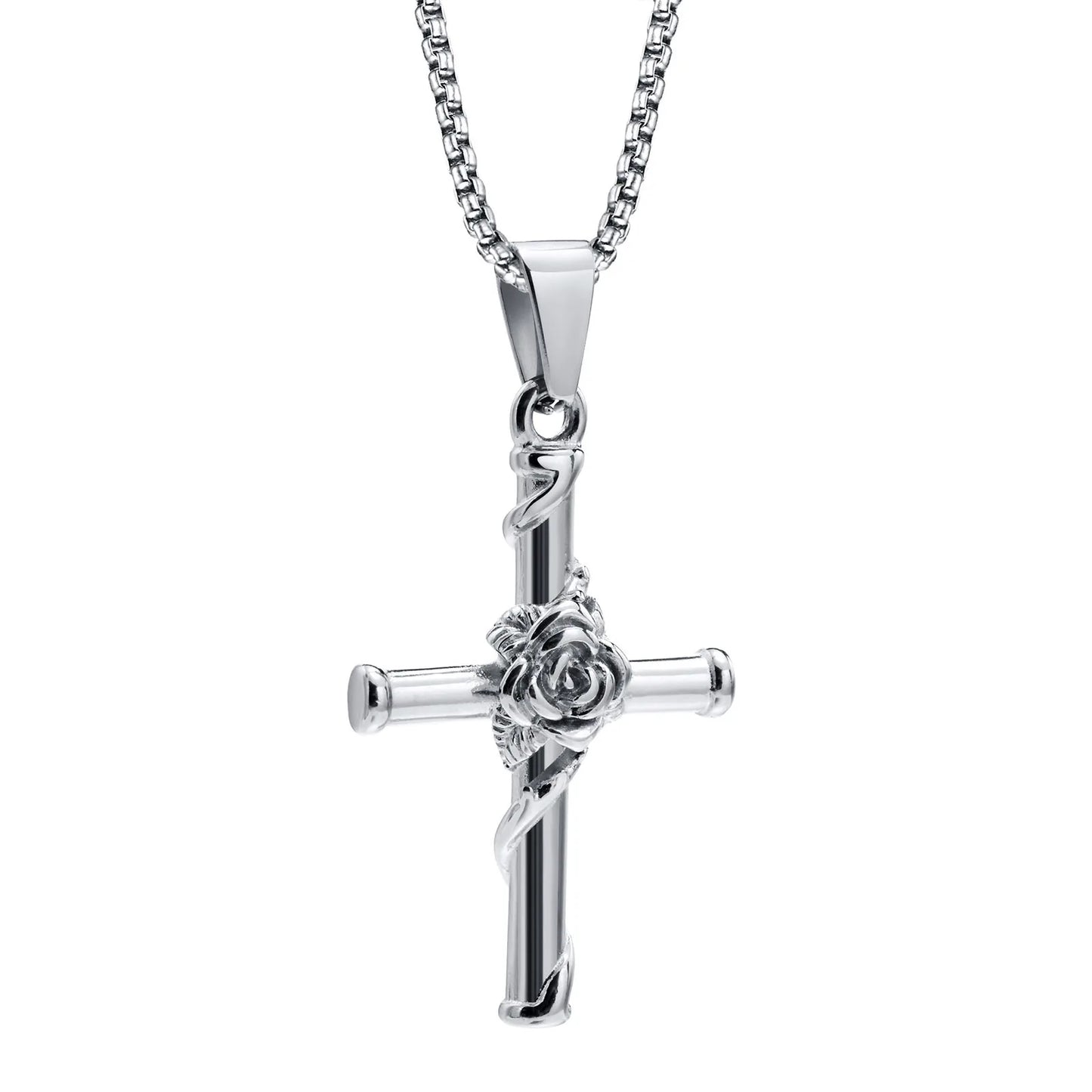 Vnox Men Cross Necklace, Stainless Steel Rose Cross Pendant with Box Chain, Unisex Cool Crucifix Jesus Faith Aesthetic Collar