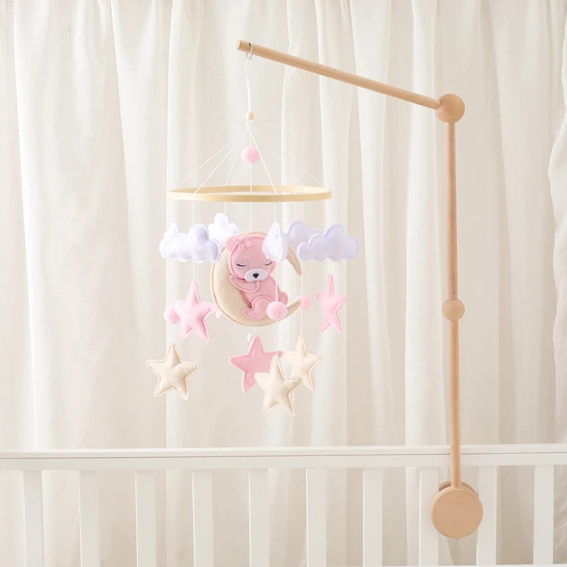 Crib Mobile Rattle Baby Wooden Bed Bell Baby Rattles Soft Felt Cartoon Bear Toys Crib Mobile Bed Bell Wood Toy Bracket Kid Gifts
