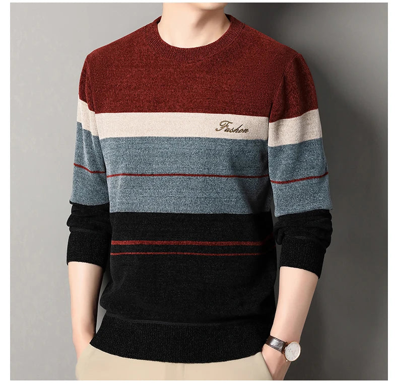 High Quality Men's Sweaters Fashion Knitting Pullover Striped Men's Autumn Winter Tops Round Neck Jerseys Fleece Bottom Shirts