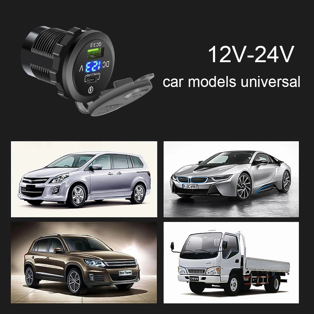 60W PD QC3.0 Car Charger Socket with Voltage Meter Quick Charge 3.0 Socket Power Outlet for 12V/24V Motorcycle Truck Boat