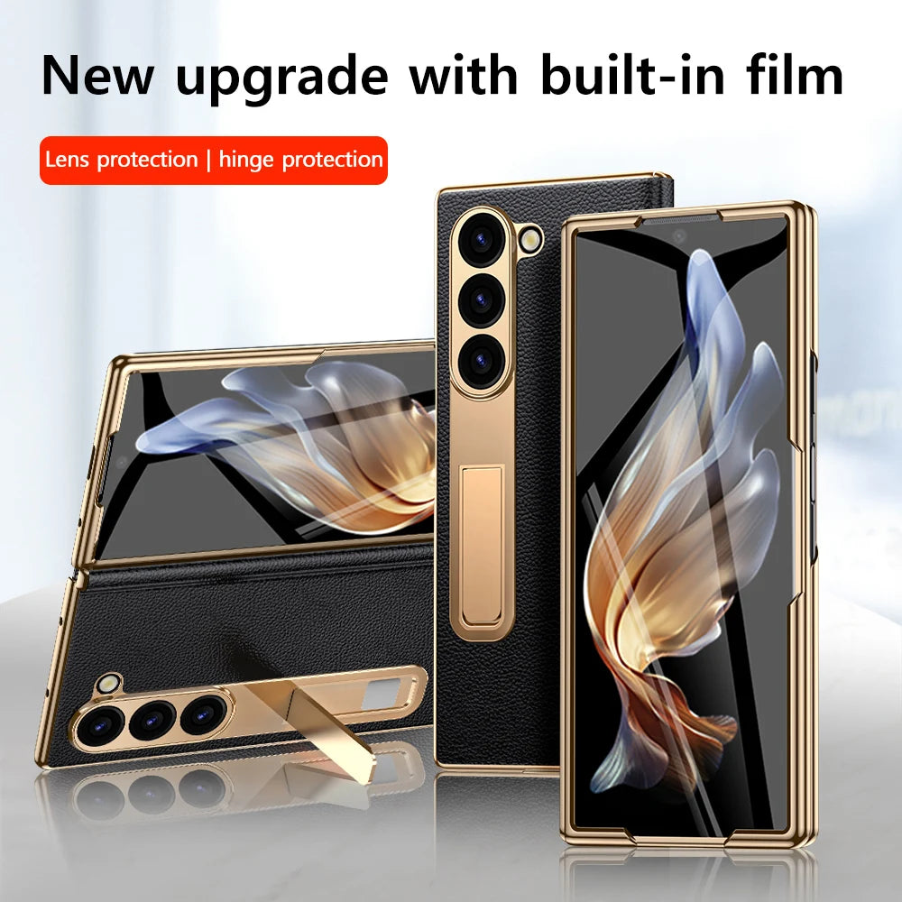 LANGSIDI Leather Case for Samsung Galaxy Z Fold 7 6 5 4 3 Fold6 Fold7 Gold Plating Magnetic Hinge Stand Cover with Mirror Film