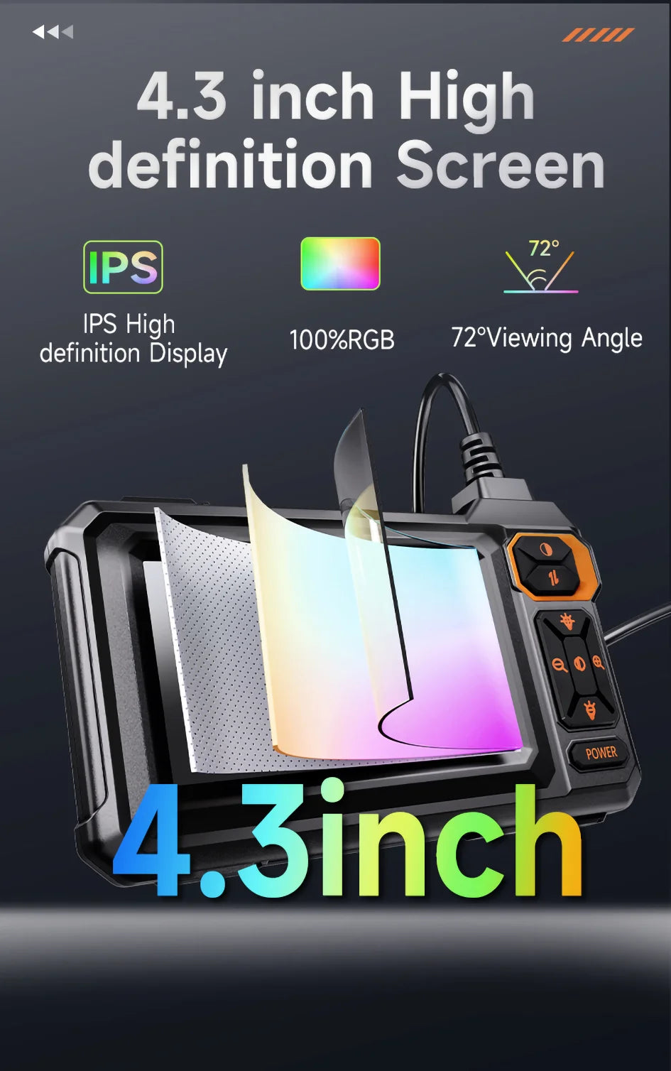 Industrial Endoscope Camera 4.3inch IPS Screen Sewer Pipe Inspection Camera for Car Repair IP67 Waterproof Probe Borescope