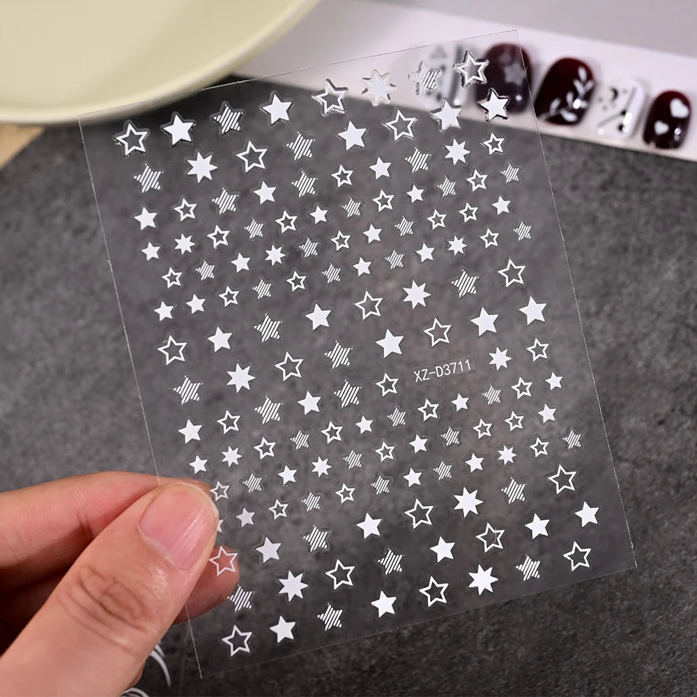 12Pcs Gold/Silver Tasse/Line/Star/Moon 3D Nail Art Stickers Leaf/Geometric Design Self-adhesive Sliders Luxury Manicure Decals