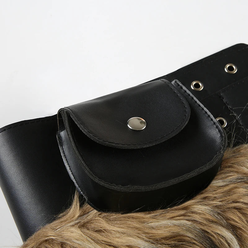SUCHCUTE Vintage Faux Fur Patchwork Pu Leather Belt Punk Western Cowboy Accessories Y2K Women's Waistband Retro 2000s Decorative