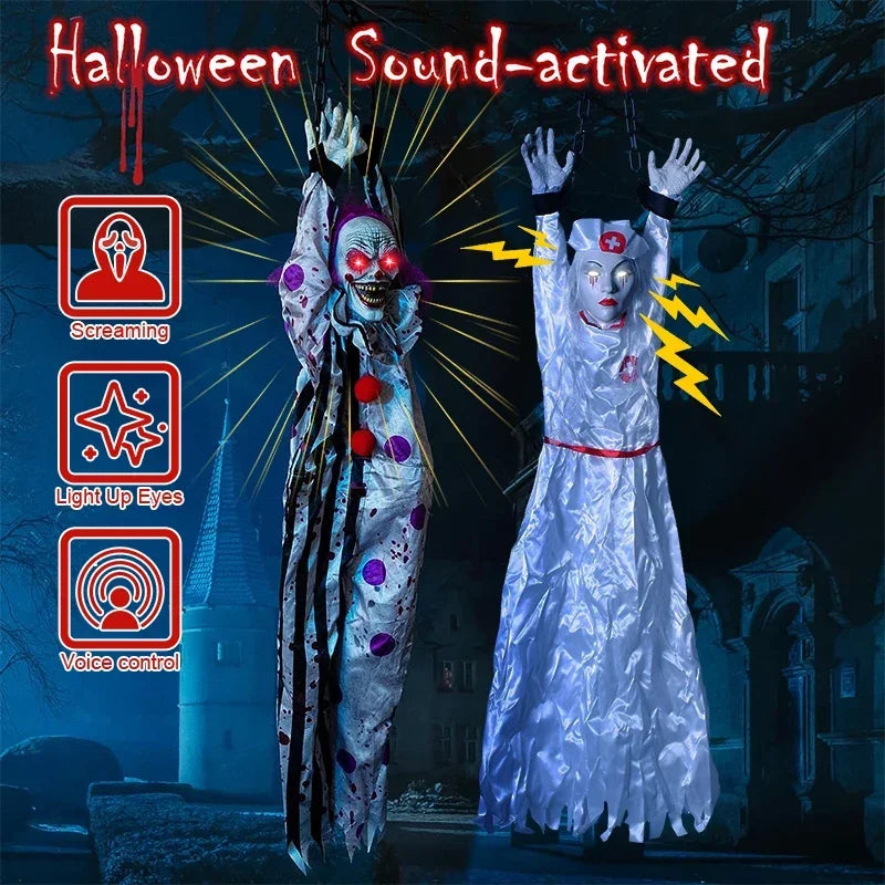 Halloween Hanging Animated Decorations Talking Shaking Scary Clown with Chain Voice Control Outdoor Yard Haunted House Prop