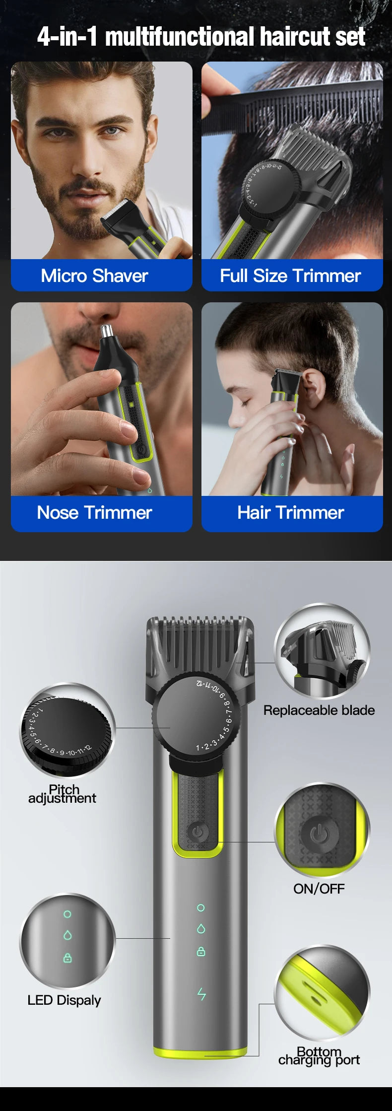 IRUIBEAUTY 4-in-1 Hair Trimmer Electric Hair Clipper IPX5 Waterproof Hair Cutting Machine Adjustable Shaver Nose Trimmer for Men