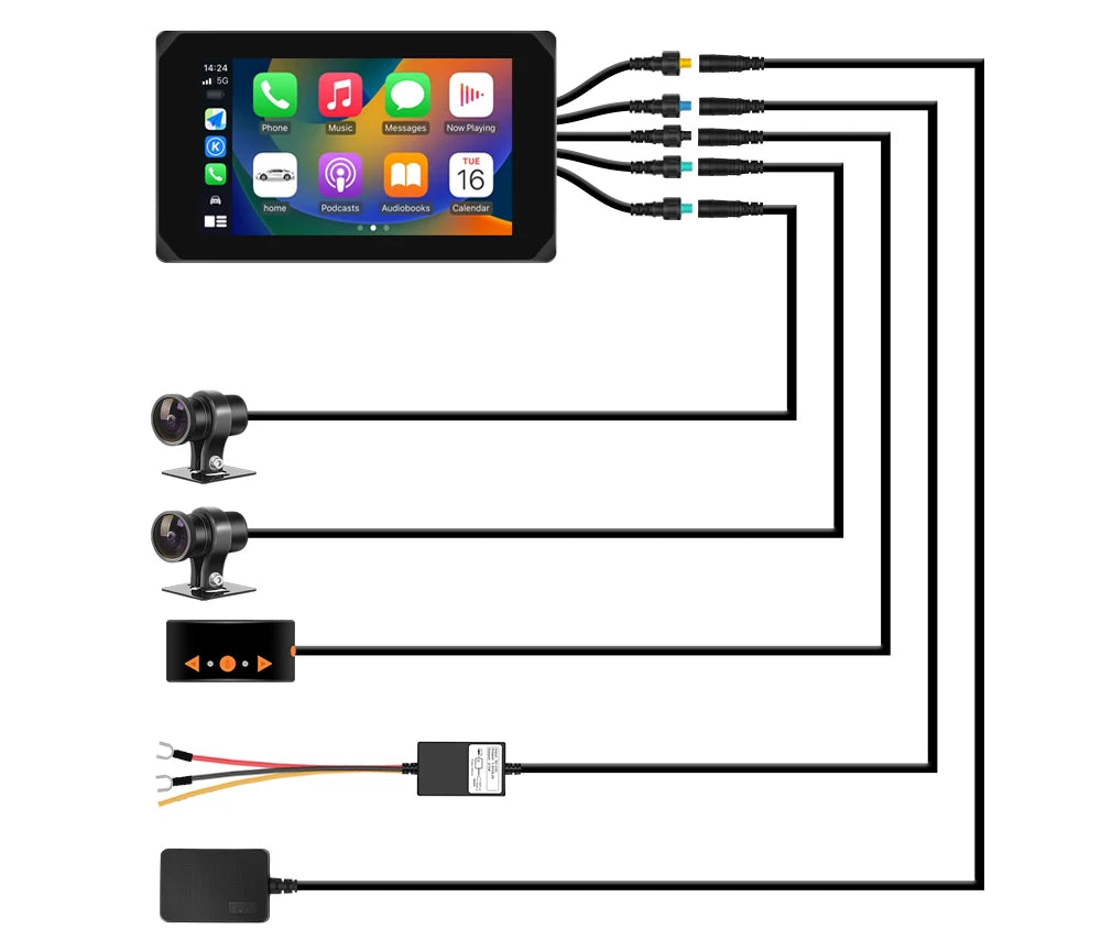 VSYS Carplay Android Auto Motorcycle Dash Cam 5.0'' Touchscreen with Dual 1080P Waterproof Cameras TPMS Parking Mode WiFi App