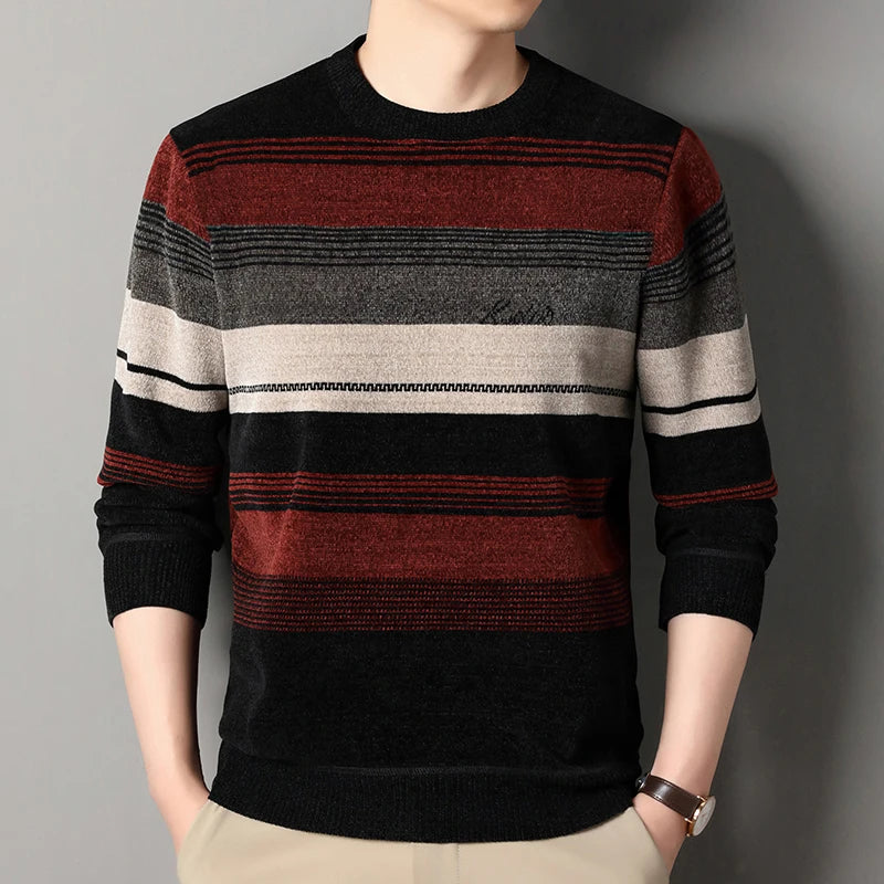 Mens Thickened Sweater Stripe Velvet Pullover Men's Winter Clothes Elegant Luxury Brand Fashion Knitted Sweaters