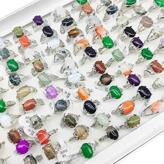 20/50pcs/Lot Wholesale Bohemia Mix Style Natural Stone Finger Rings for Women men Silver Color Party Jewelry Oval Agate Wedding