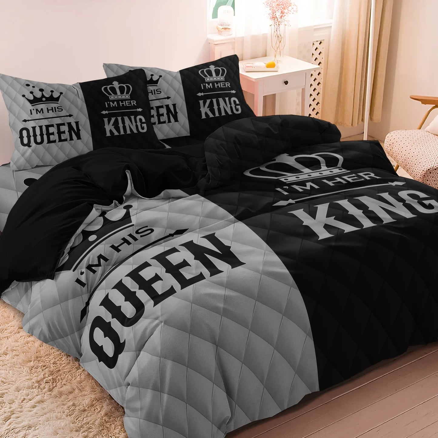 3pcs Couple's King & Queen Printed Duvet Cover Set,Romantic Heart Crown Design, Pink Black Contrast for Sweetness with Elegance