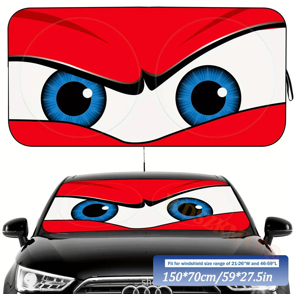 Car Cartoon Devil's Eye Foldable 59'x27.5' Car Windshield Sun Shade, Funny Car Eyes Sun Visor Wear-ResistantFoldable Reflective