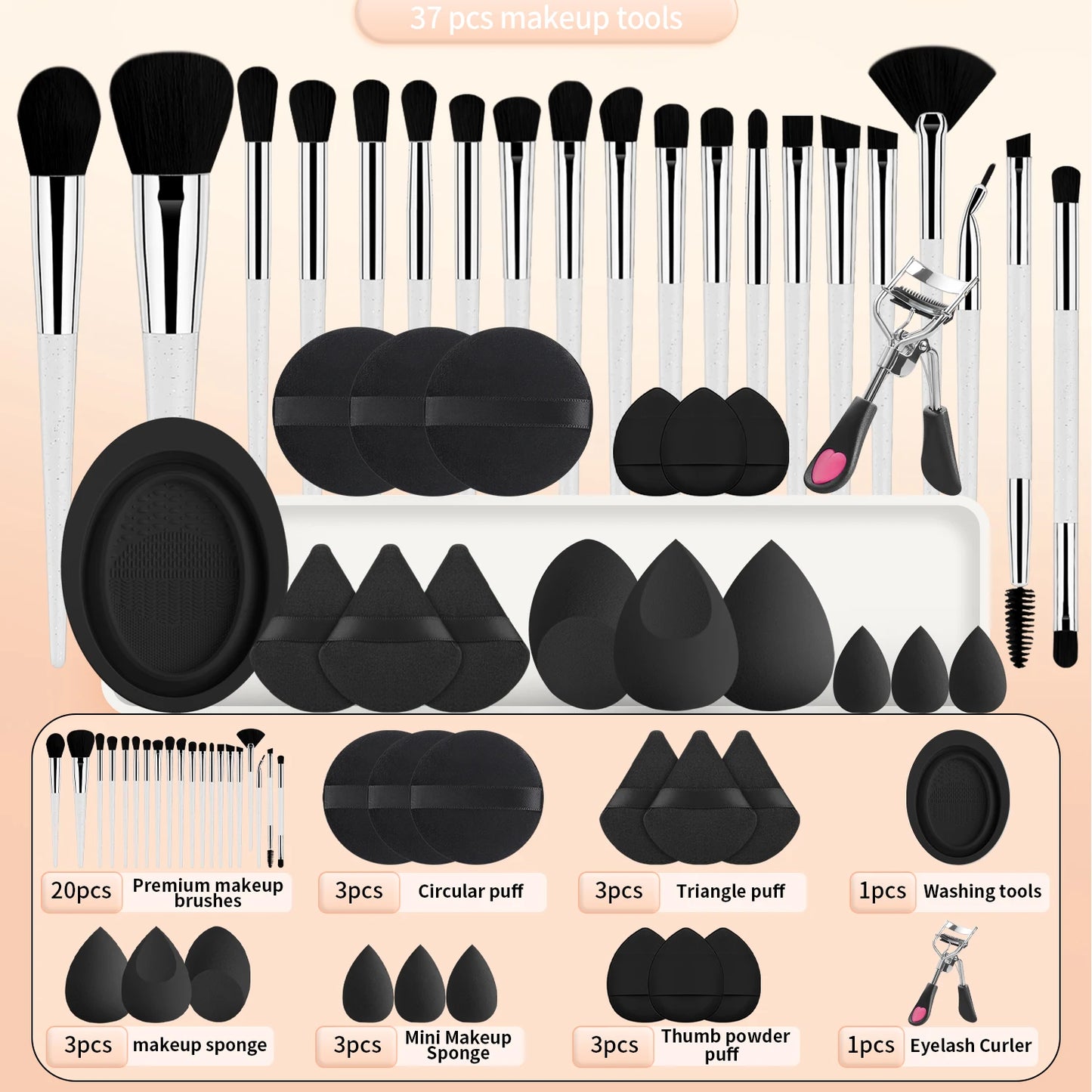 20 makeup brushes+3 round powder puffs+3 triangular powder puffs+3 beauty eggs+3 finger powder puffs+3 mini beauty eggs+1 washin