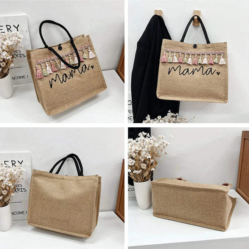 Women Large Capacity Tote Bag Mama Letter Printing Casual Fashion Linen Handbag Shopping Shoulder Bag Mother’s Day Gifts for Mom