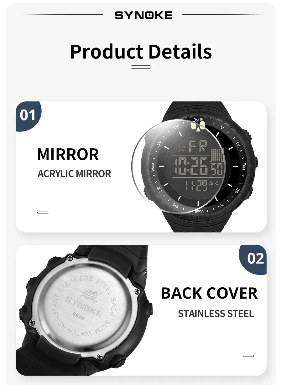 SYNOKE Watch Outdoor Sports Multifunctional Waterproof Shock Resistant Large Screen Display Luminous LED Digital Watch For Men