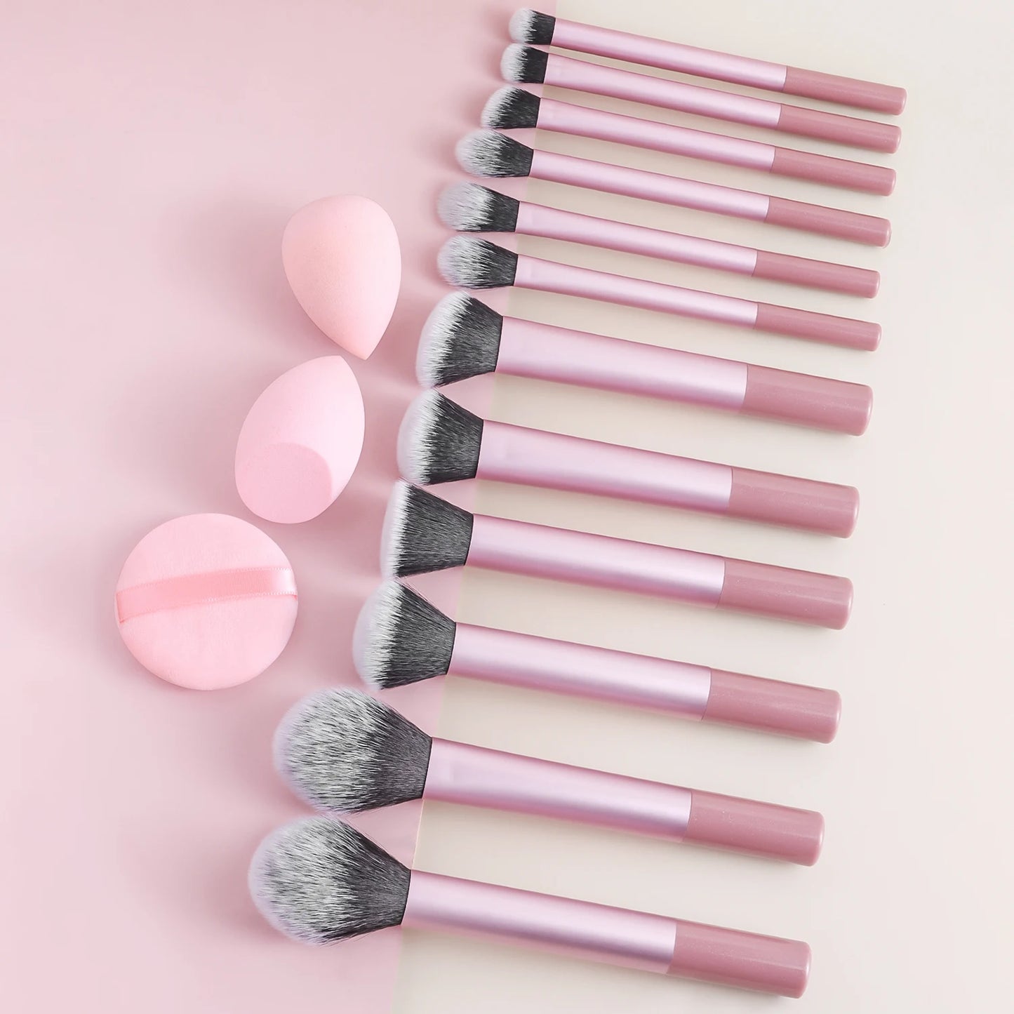 15pcs professional makeup brush set - classic everyday including 2pcs bevel and water drop beauty egg, 1 powder puff beauty tool