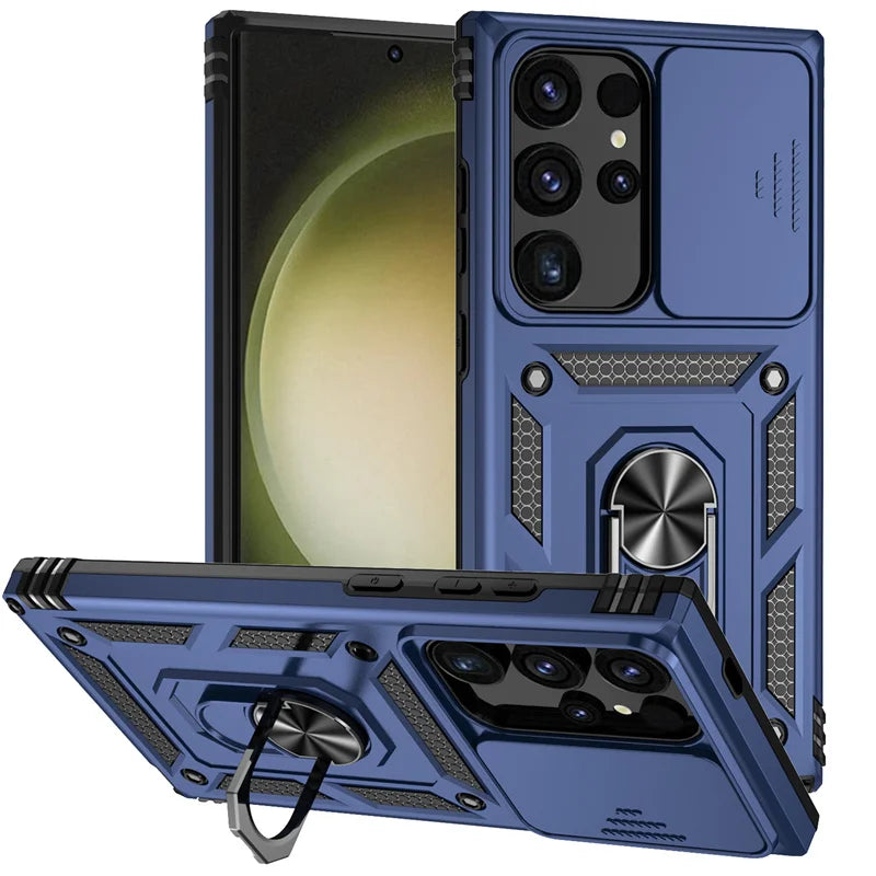 Armor Magnetic Bracket Case for Samsung S25 S24 S23 S22 S21 S20 Note 20 Ultra S10 Plus Slide Camera Protection Shockproof Cover
