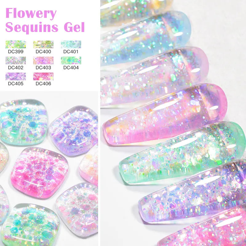 7ml Flowery Glitter Sequins Gel Nail Polish Shiny Sparkling Color Semi Permanant Soak Off Manicure Nail Art Varnish
