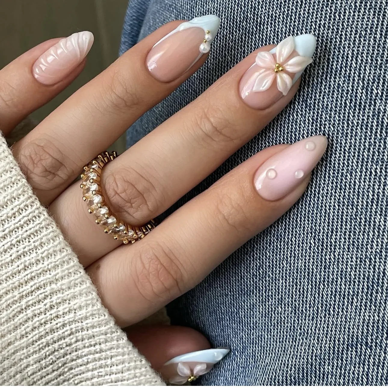 24PCS 3D Sweet Pink Flower Almond Press on False Nails with Yellow French Diamonds Fake Nails Artificial Wearable Tips with Glue