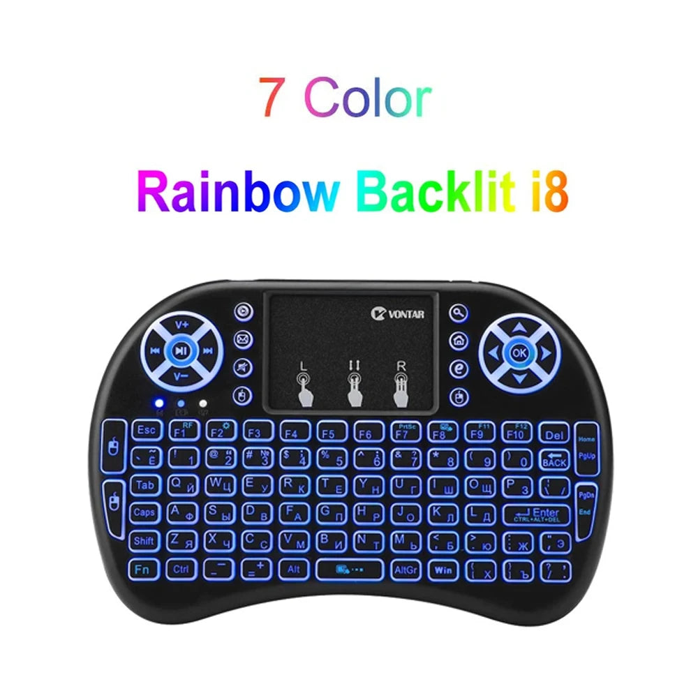I8 Mini Wireless Keyboard 2.4G Bluetooth 7 Color Backlit English Russian Air Mouse Remote Touchpad For Android TV Box PC Laptop
