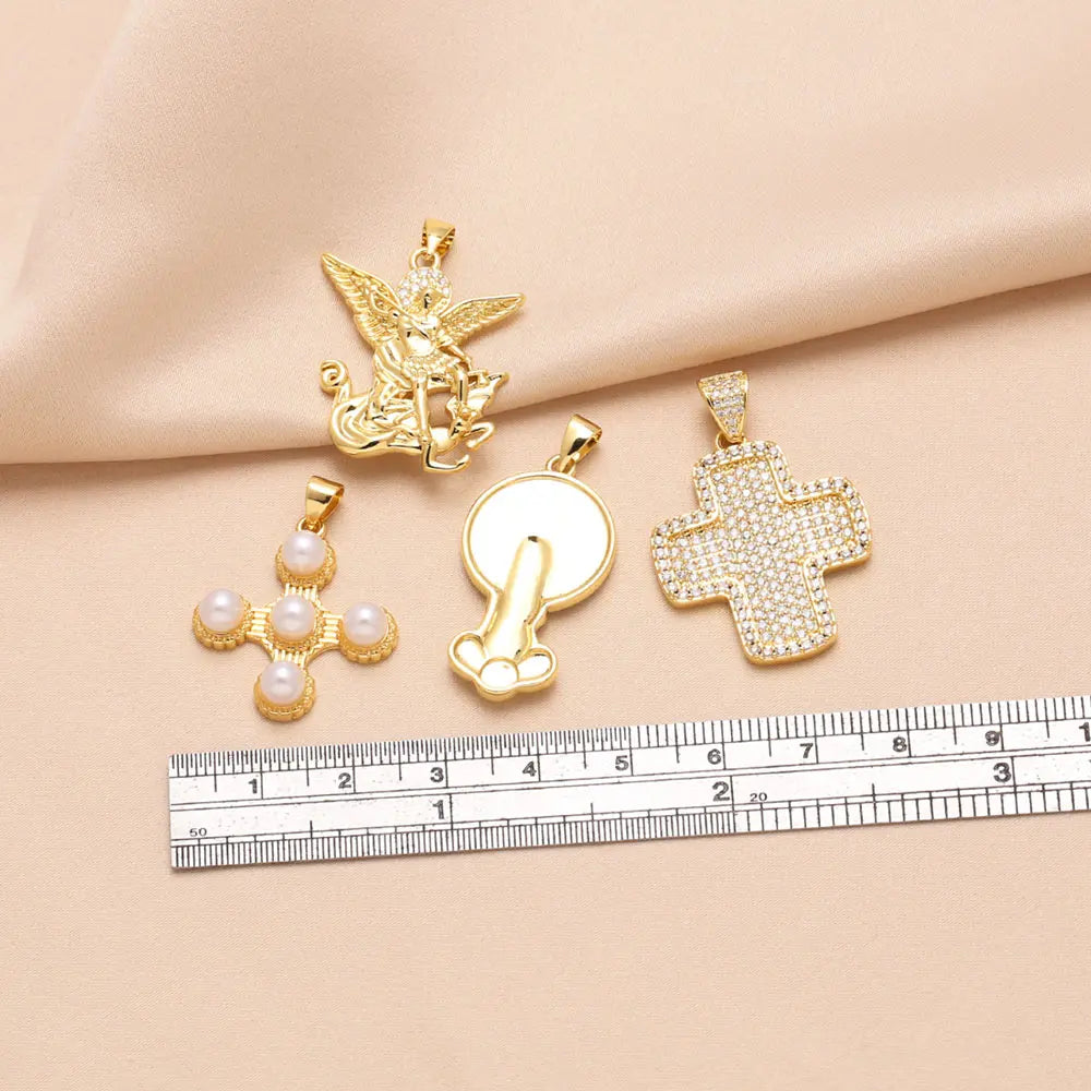 OCESRIO White Crystal Big Cross Pendant for Necklace Copper Gold Plated Jesus Beads Crucifix Jewelry Making Supplies pdta698