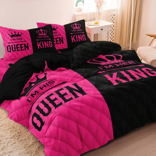 3pcs Couple's King & Queen Printed Duvet Cover Set,Romantic Heart Crown Design, Pink Black Contrast for Sweetness with Elegance