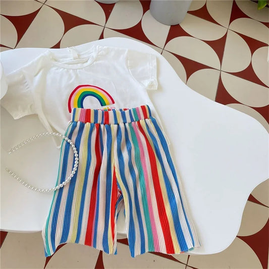 Baby Girls Tops Sets Kids Short-Sleeved Top Striped Trousers 2 Pieces Summer Rainbow Suit New Children's Fashion Casual Outfit