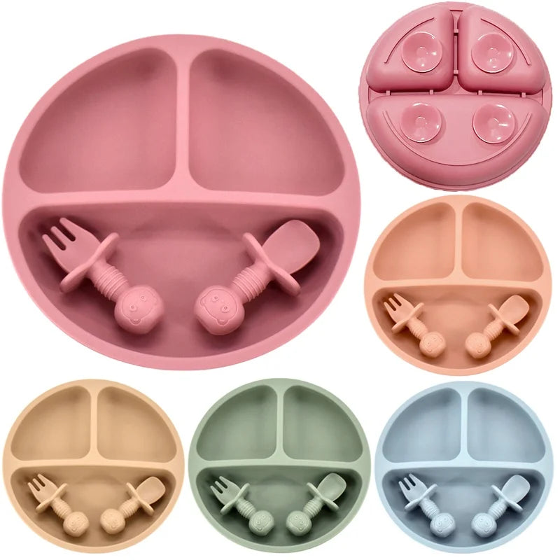 3/4 PCS Baby Silicone Plate+Spoon+Fork Set Solid Cute Color Grid Children Dishes Toddle Training Tableware Kids Feeding Stuff