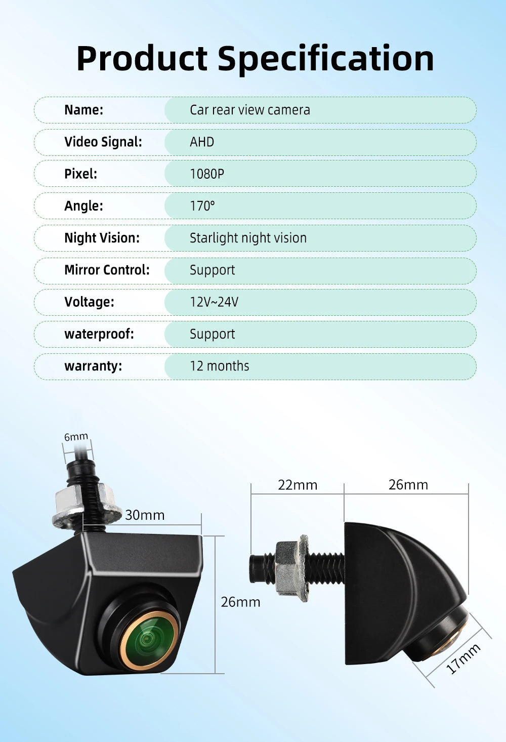 CVBS to AHD 1920x1080P or 720P Car Rear View Camera 170° Fisheye Golden Lens Full HD Night Vision Vehicle Reversing