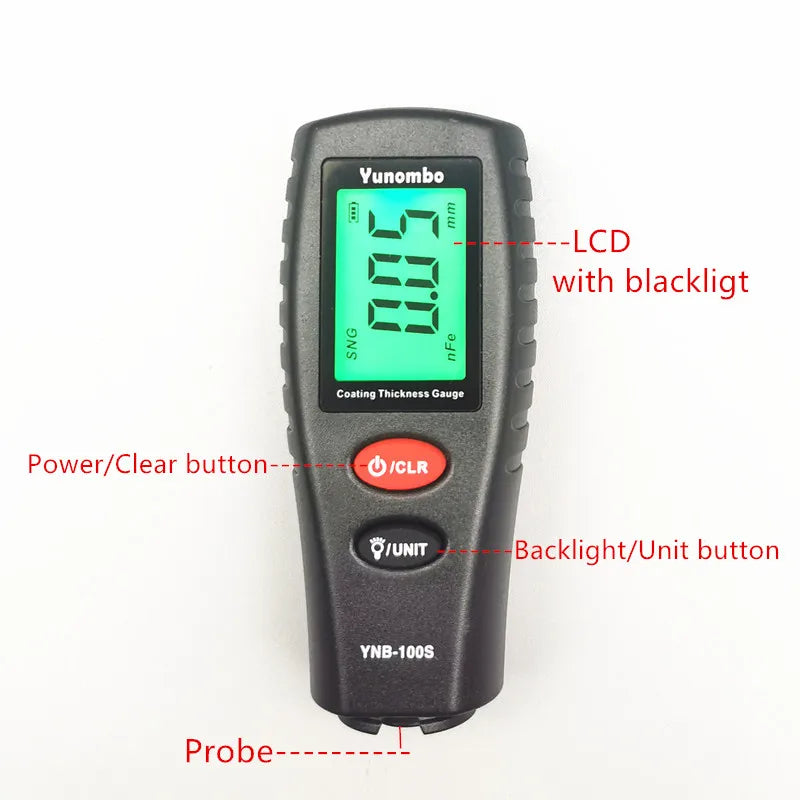 Yunombo Digital Backlight LCD Film Thickness Meter Car Paint Thickness Tester Coating Thickness Gauge New Version YNB-100S