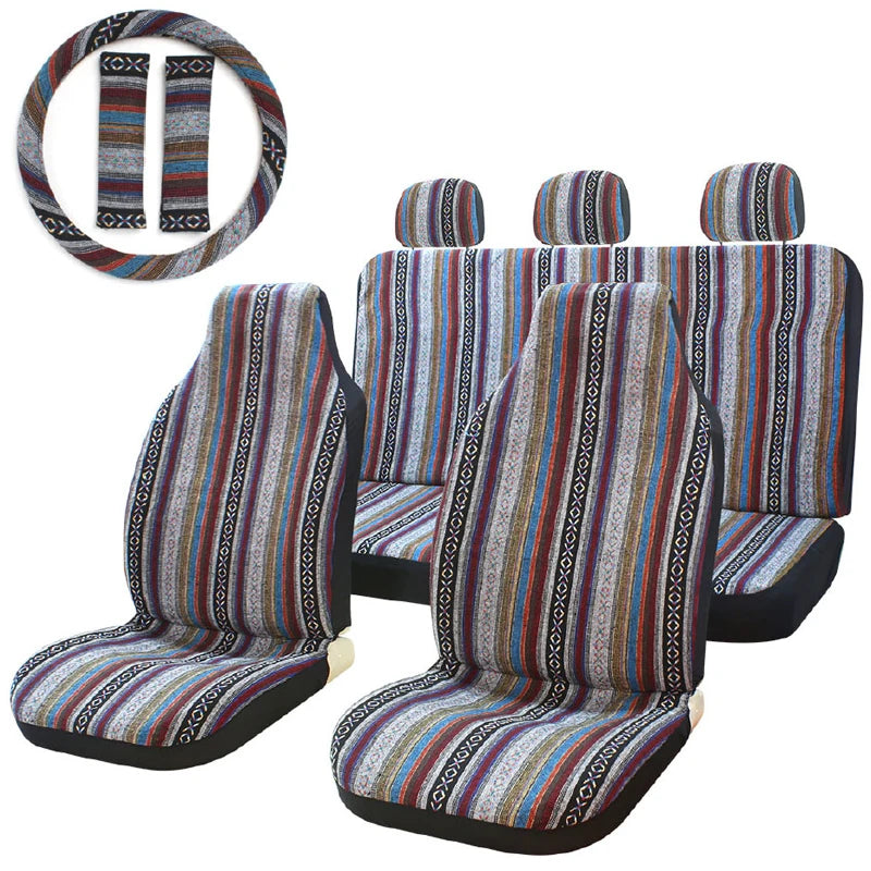 5mm Universal Size Flax Striped Car Seat Covers with Seat Belt Pads Steering Wheel Cover Full Set Fit For Most Car SUV Van Truck
